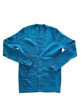 Lands End Cable Knit Button-Front Cardigan, Teal Blue Pearlescent Buttons Sz Med